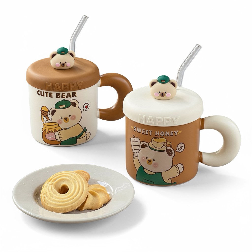 ماگ سرامیکی نی‌دار طرح خرس