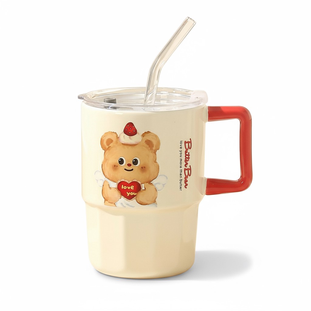 ماگ سرامیکی نی‌دار (طرح خرسی با دسته رنگی) ۳۰۰ml