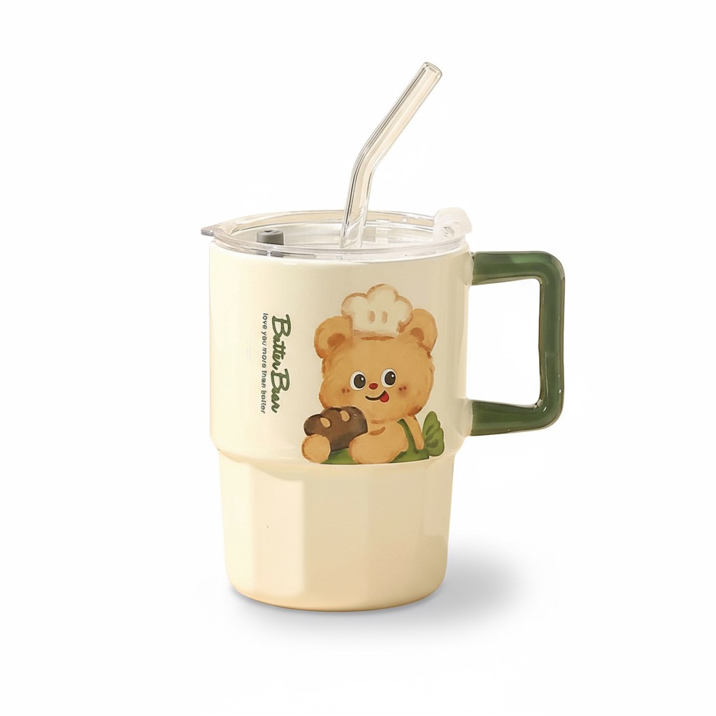 ماگ سرامیکی نی‌دار (طرح خرسی با دسته رنگی) ۳۰۰ml