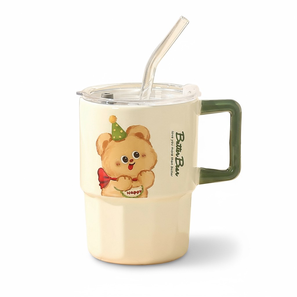 ماگ سرامیکی نی‌دار (طرح خرسی با دسته رنگی) ۳۰۰ml